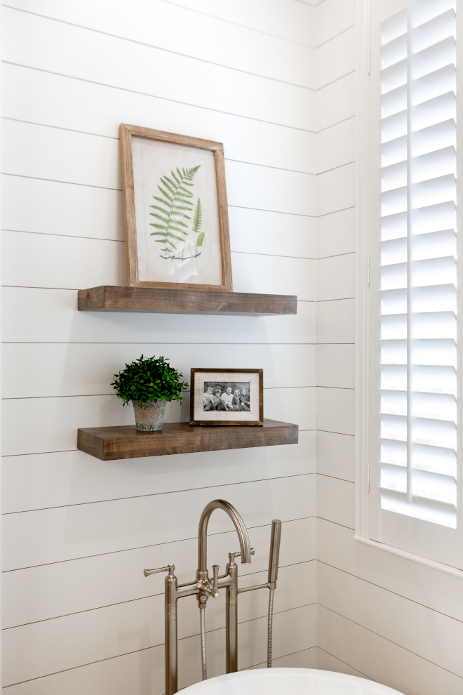 Bathroom Floating Shelves Wood floating shelves are made from knotty alder A close up of the custom shelves and some of the accessories. I love using ferns, both live and in artwor Wood floating shelves are made from knotty alder #Woodfloatingshelves #floatingshelves
