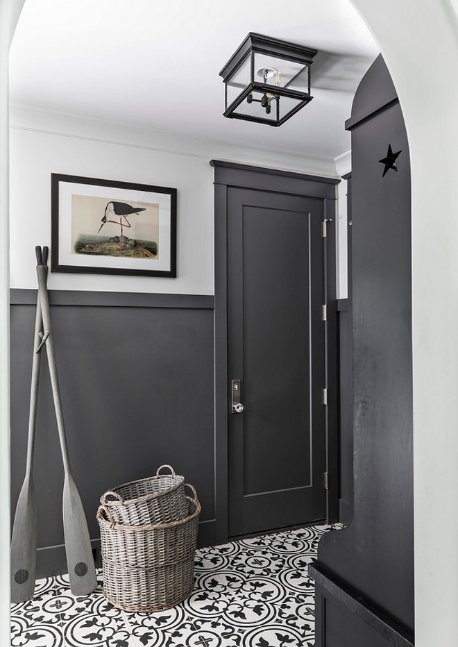 Sherwin Williams SW 7674 Peppercorn Sherwin Williams SW 7674 Peppercorn Mudroom with charcoal black wainscoting and charcoal black cabinets painted in Sherwin Williams SW 7674 Peppercorn Sherwin Williams SW 7674 Peppercorn #SherwinWilliamsSW7674Peppercorn #SherwinWilliamsSW7674 #SherwinWilliamsPeppercorn #charcoalblack #paintcolor