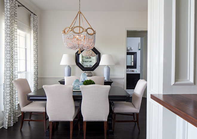 Breakfast room with beaded chandelier and a soothing color scheme #Breakfastroom #beadedchandelier #colorscheme