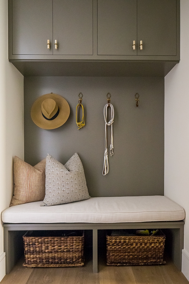 Charcoal gray cabinet Mudroom The mudroom features custom charcoal gray cabinets painted in Restoration Hardware Slate Charcoal gray cabinet Mudroom The mudroom features custom charcoal gray cabinets #Charcoalgraycabinet #Mudroom #mudroomcabinets