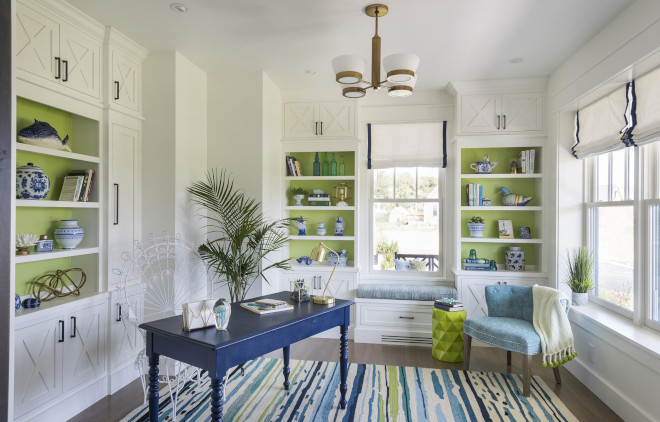 back wall of built-ins in Lime Green by Olympic Paint
