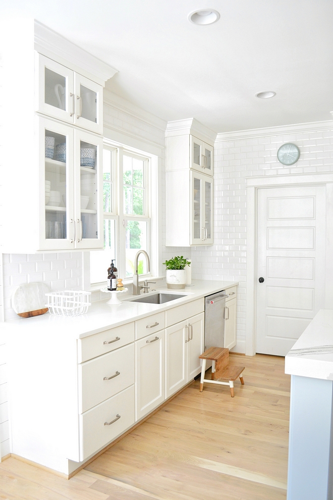 Benjamin Moore White Dove kitchen with beveled subway tile