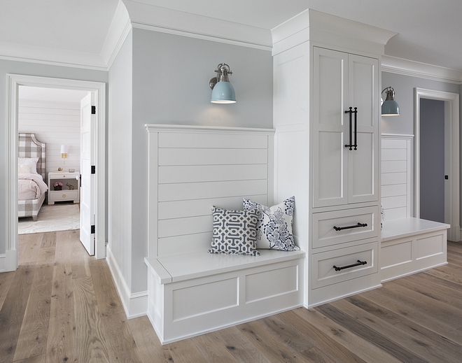 Wall paint color is Alaskan Husky by Benjamin Moore. Cabinetry is "BM Super White"