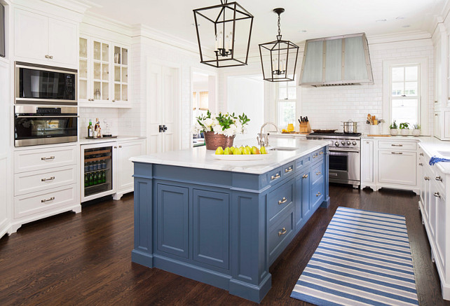 Top Blue Island Pin: "Blue Kitchen Island Paint Color". Benjamin Moore Van Deusen Blue HC-156. Blue Kitchen Island Paint Color is Benjamin Moore Van Deusen Blue HC-156. White Kitchen with Blue island paint color. #BenjaminMooreVanDeusenBlue #kitchen #BlueIsland #paintColor #BenjaminMoorePaintColors #TopPin #TopBlueIslandPin #BlueKitchenIslandPaintColorPicture