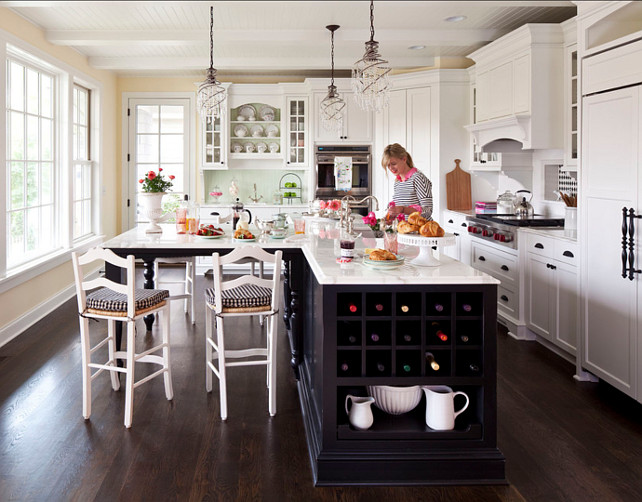 Kitchen Island. I love the contrast of dark-stained kitchen island with white cabinets.#KitchenIsland 