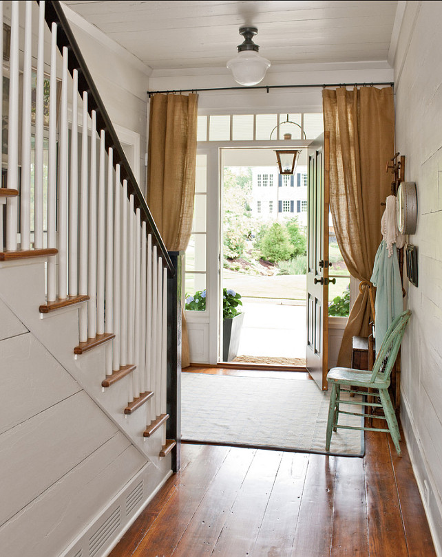 Entryway Design Ideas. Casual Entryway Design. #EntrywayDesign #Entryway Ceiling, wall and trim Paint Color: "Pearly White (SW7009) by Sherwin-Williams"