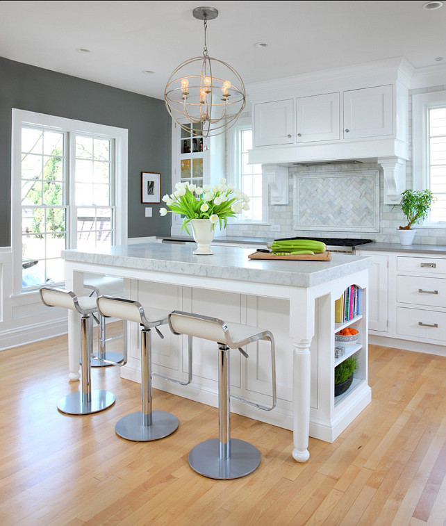 White Kitchen Design. This white kitchen is pure inspiration! I love the paint color on cabinets and walls! #WhiteKitchen #Kitchen #PaintColor