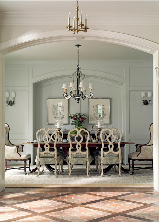 French Dining Room. Great paint color and decor in traditional French dining room. French chandelier is by Currey & Co. #French #DiningRoom