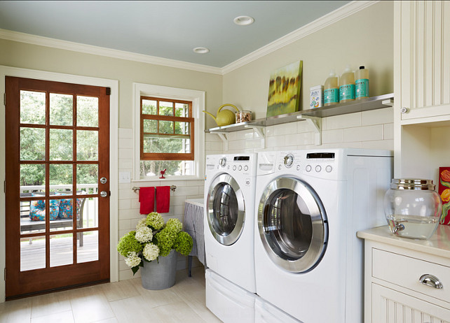 Laundry Room Design Ideas. Great design in this laundry room. I love the open shelves. They're from Ikea. #LaundryRoom