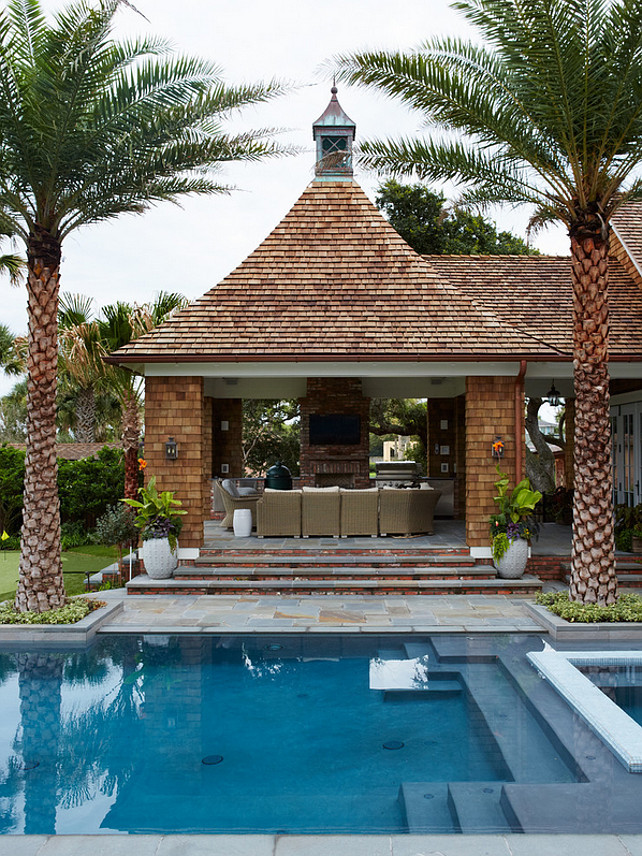 Pool Pavilion. Pool Pavilion Ideas. Shingle Cedar Shake Pool Pavilion. Pool Pavilion with barbecue - covered patio, outdoor fireplace, shingle, wicker furniture. The overall pavilion is approximately 20'x20' exterior.