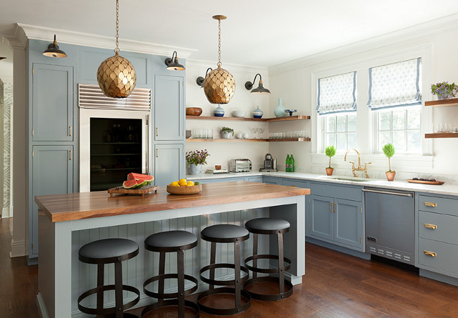 Blue Gray Kitchen. Arteriors Osgood Iron Pendants. Brass Pendant Lighting. Blue Gray Kitchen with shaker cabinets. Transitional Blue Gray Kitchen. Blue Gray Kitchen with shaker cabinets with Arteriors Osgood Iron Pendants. #Arteriors #OsgoodIronPendants #Blue #Gray #Kitchen #ShakerCabinets Anna Burke Interiors.