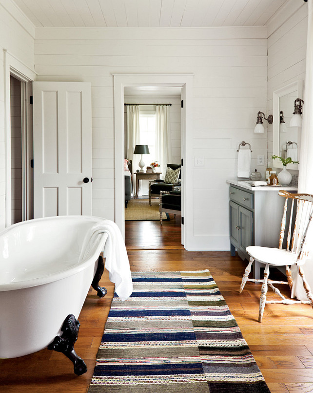 Bathroom. Great ideas for casual bathroom design. #Bathroom #BathroomDesign The sconces are: Yoke Suspended Wall Light (SL2975) in Antique Nickel with White Glass from circalighting.com