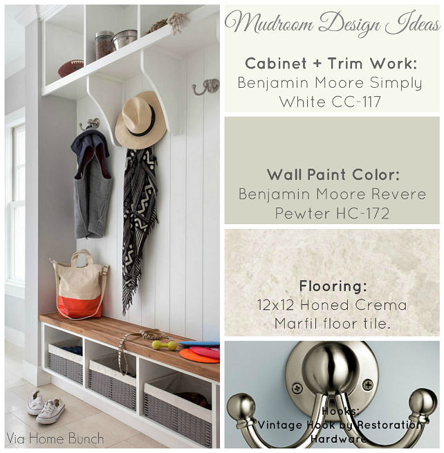 Mudroom Design Ideas. Ideas for your mudroom design. Mudroom Cabinet Paint Color is Benjamin Moore Simply White OC-117. Mudroom Wall Paint Color is Benjamin Moore Revere Pewter HC-172. Mudroom Flooring is 12X12 Honed Crema Marfil Floor Tile. Mudroom Hoods are the Vintage Hooks from Restoration Hardware. #Mudroom #MudroomDecor #MudroomIdeas 
