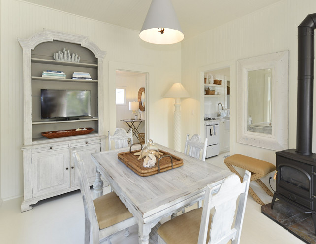 All White Dining Room. All white cottage dining room with painted white hardwood floors, white beadboard walls and white lighting. #DiningRoom #WhiteDiningRoom #CottageDiningRoom #DiningRoom