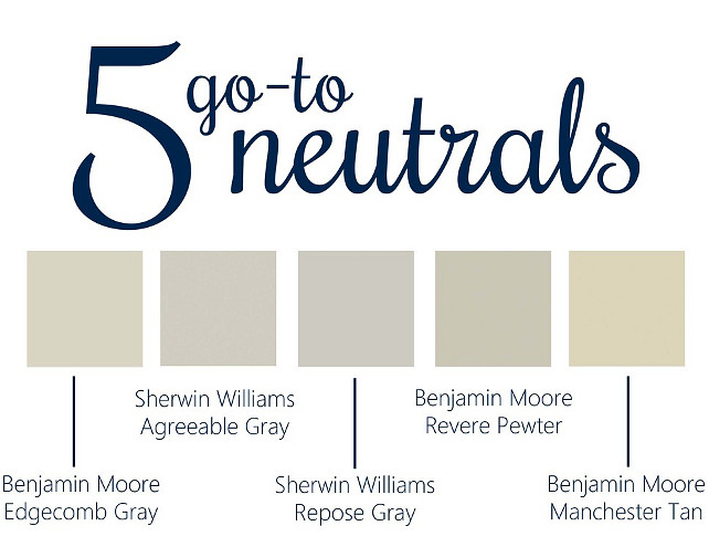 Top Pin Paint Colors: 5 Go-To Neutral Paint Colors BM Edgecomb Gray, SW Agreeable Gray, SW Repose Gray, BM Revere Pewter, BM Manchester Tan. Neutral Paint Color. Popular Neutral Paint Color. 5 Go-To Neutral Paints. #TopPin #PaintColors # GoToNeutralPaintColors Via Hannah Lowma.