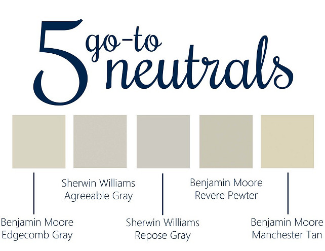 BM Edgecomb Gray, SW Agreeable Gray, SW Repose Gray, BM Revere Pewter, BM Manchester Tan. Neutral Paint Color. Popular Neutral Paint Color. 5 Go-To Neutral Paints. Via Hannah Lowma.