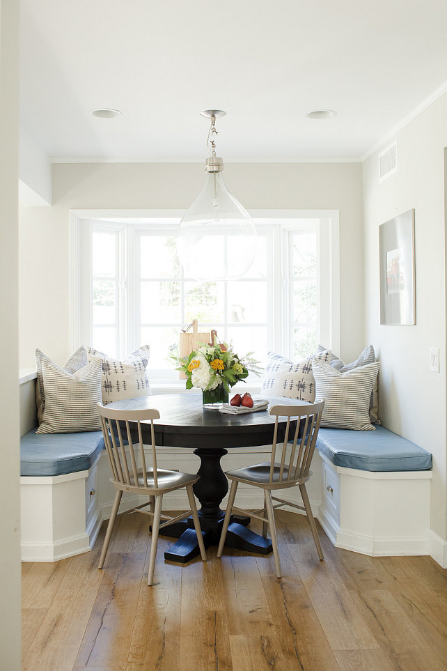 Banquette Breakfast nook. Breakfast nook with banquette, pillows and small round table. #Breakfastnook #Banquette Brooke Wagner Design.