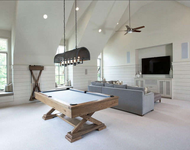 Basement Ideas. Basement Design with family room and games room. Pool table is a Brunswick Brixton pool table. #Basement #BasementIdeas #BasementDesign