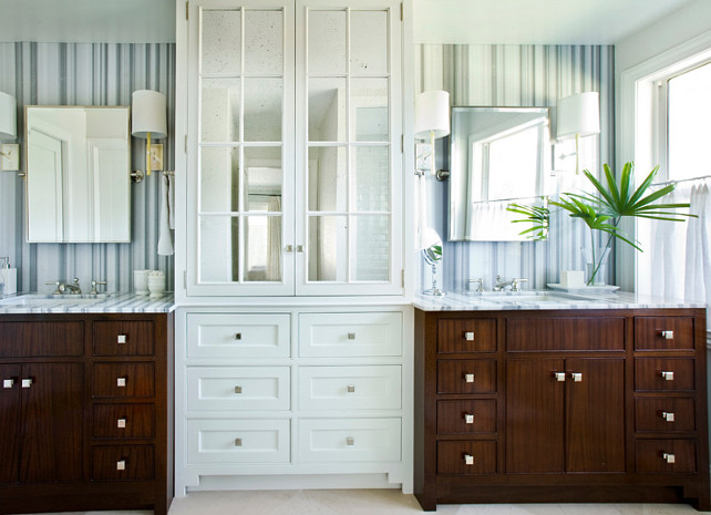 Bathroom Cabinet. Bathroom Linen Cabinet Flanked by Mahogany Bathroom Vanities. #Bathroom #Cabinet #Vanity Andrew Howard Interior Design.