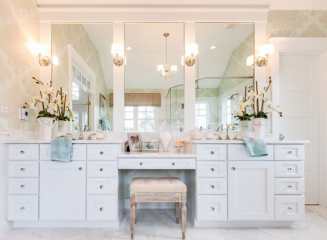 Bathroom Cabinet. Bathroom Vanity. How would you like to wake up to this vanity set-up every morning? Featuring Progress Lighting Fortune sconces. #Bathroom #Vanity #Cabinet #Sconces
