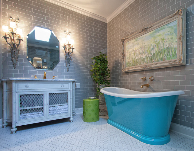 Bathroom Design Ideas. This tub was actually found at a flea market and we had it refinished and painted. I love to take old things and give them new life!  #Bathroom  Jennifer Spears