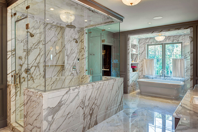 Bathroom Double Shower. Bathroom Double Shower Layout. Bathroom marble Double Shower. #Bathroom #Marble #DoubleShower #LargeShower #BathroomLayout Laura U, Inc.