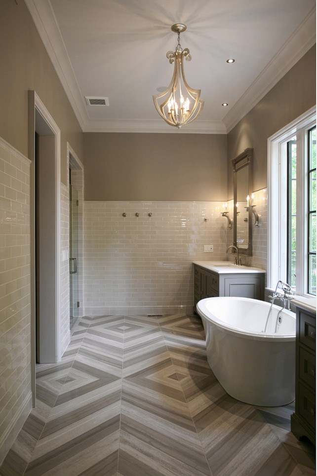 Bathroom Flooring. The flooring in this bathroom is Star Tribeca 3 x 9 Bossy Gray shower wall tiles, Limestone Chenille White 6 x 36 honed with 6 x 36 Silver Screen honed marble floor tiles by Builders Floor Covering & Tile. CR Home Design K&B 