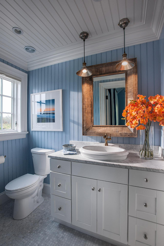Bathroom Beadboard Walls and Ceiling Ideas. Coastal bathroom with blue and white motif. #Bathroom #HGTV2015DreamHouse