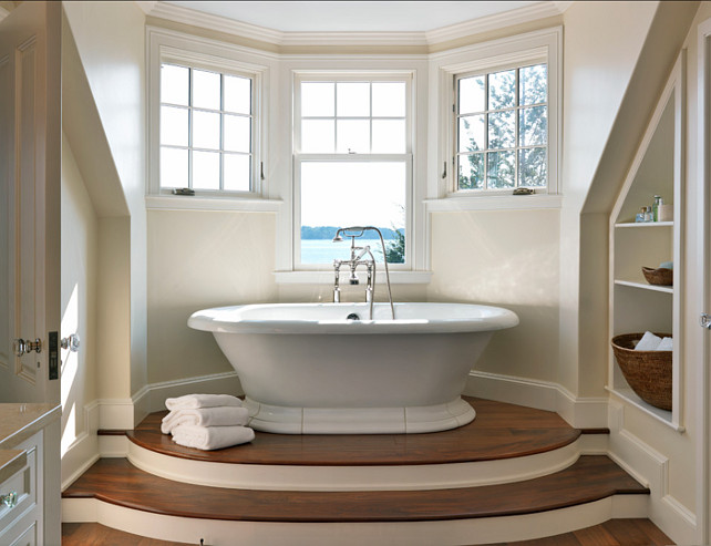 Bathroom Ideas. Neutral bathroom design with ocean view. The wall color is Matchstick by C2. #Bathroom