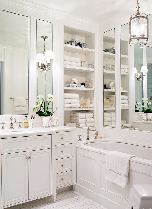 Bathroom Ideas. Small Bathroom Design Ideas. White Bathroom. Traditional Bathroom. Bathroom with built-in bookcase. A beautiful, clean, cool, classic, white Master Bathroom. #Bathroom #BathroomIdeas 