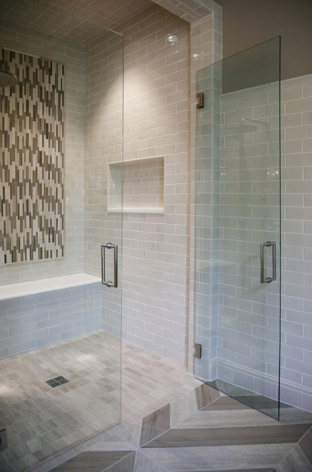 Bathroom Shower. Shower Glass doors and hardware by Atlanta Glass & Mirror. Star Tribeca 3 x 9 Bossy Gray shower wall tiles, Limestone Chenille White 6 x 36 honed with 6 x 36 Silver Screen honed marble floor tiles by Builders Floor Covering & Tile. CR Home Design K&B.