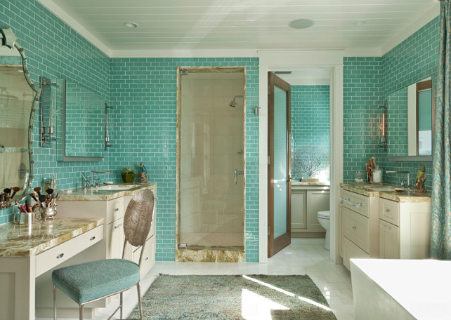 Bathroom Tiling. Bathroom Wall Tiles. The tiles in this bathroom are. Village Glass. Color is Caribe – Color is achieved by melting a colored glass frit onto the back of crystal glass tiles, available is more than 30 colors in both gloss and matte. Available at Hagan Flynn. #BathroomTiling