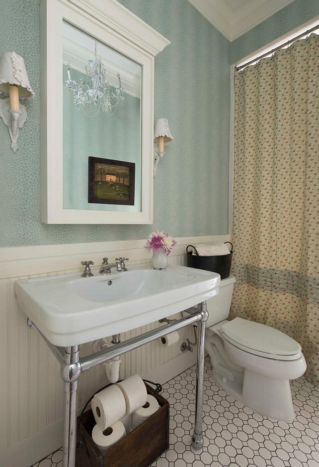 Bathroom Wallpaper. Country Famrhouse Bathroom with Wallpaper. The wallpaper in this bathroom is Nina Campbell. #Wallpaper #Bathroom