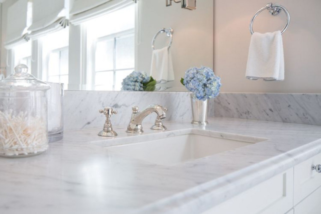 Bathroom marble countertop. Leathered Marble countertop. Kelly Nutt Design.