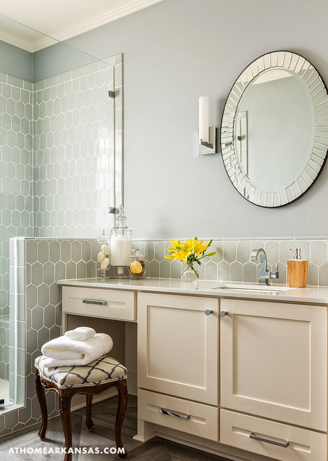 Bathroom with gray tiling. #Bathroom #GrayTiling #GrayTiles Kathryn LeMaster, At Home in Arkansas via House of Turquoise
