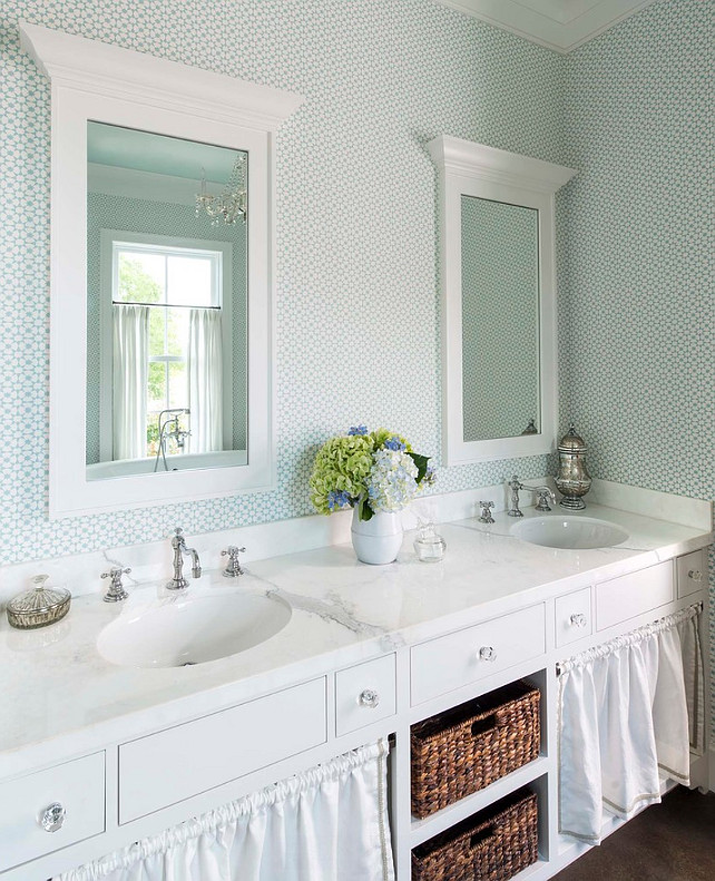 Bathroom with wallpaper and skirted sink. #Bathroom #Wallpaper #SkirtedSink #SkirtedCabinet