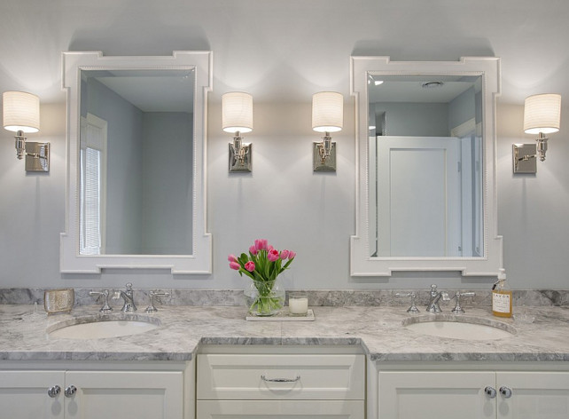 Bathroom. Bathroom Sconces. Bathroom Marble Counters. Bathroom Cabinet. Bathroom White Vanity. #Bathroom Revision LLC.