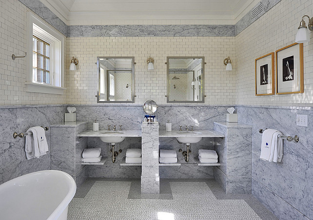 Bathroom. Bathroom Wall Tiling Ideas. Bathroom features subway tiles and marble slap on walls. #Bathroom #WallTiling John Hummel & Associates.