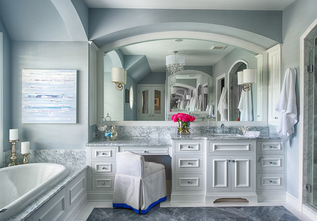 Bathroom. Gray bathroom with white cabinets. #Bathroom #BathroomIdeas #GrayBathroom #WhiteCabinets Studio M Interiors.