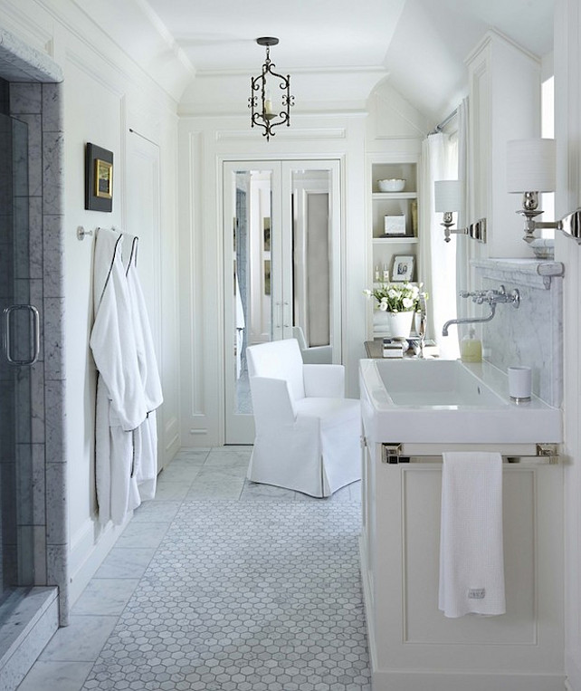 Top Hex Marble Floors Pin Hex Marble Bathroom Flooring. Bathroom. Marble Flooring Bathroom. Stunning bathroom with marble tiled walk-in shower with glass door opposite an ivory sink vanity. #Bathroom #MarbleBathroomFlooring Dungan Nequette Architects.