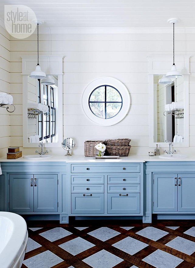 Bathroom. Painted Bathroom Cabinet Ideas. Bathroom Cabinet Paint Color Ideas. Cabinet Paint Color: "Benjamin Moore Sea View." #Bathroom #PaintColor #Vanity #Cabinet