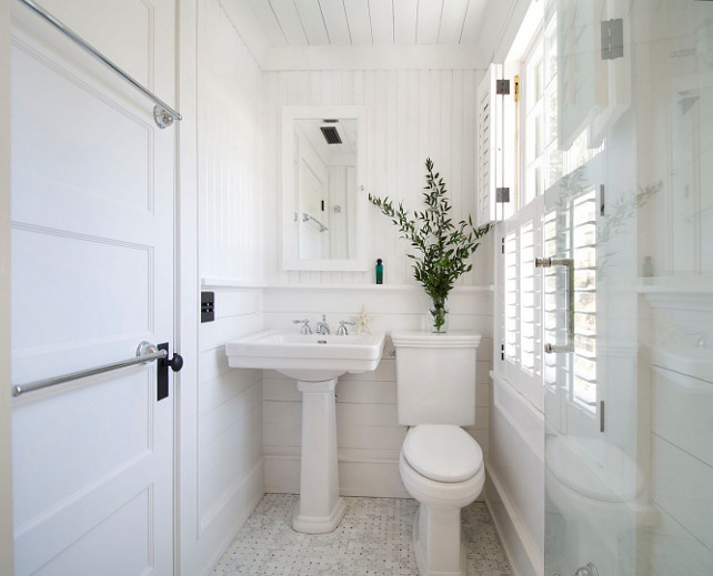Bathroom. Small Bathroom Small white bathroom with plank boards and beadboard walls. #Bathroom #SmallBathroom #PlankBathroom #PlankBoards #BeadboardBathroom #Beadboard