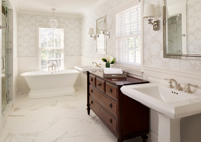 Bathroom. Traditional Bathroom Design. The paint color on the trim and wainscoting is Benjamin Moore China White. #BenjaminMooreChinaWhite 