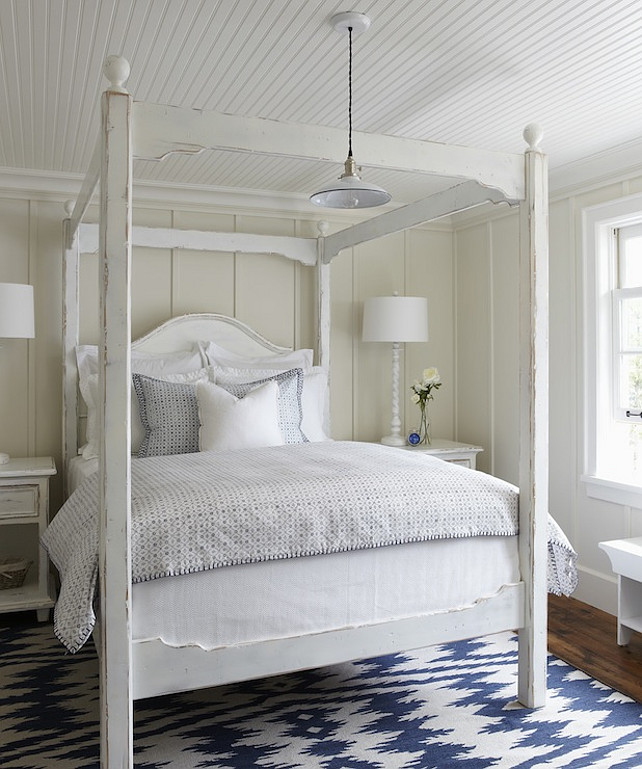 Batten and Board. Batten and Board Bedroom with beadboard ceiling. Coastal Interior Ideas. #Coastal #Interiors #Bedroom #BattenandBoard #Beadboard Muskoka Living Interiors.