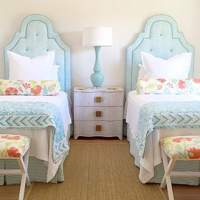 Beach House Guest Bedroom with turquoise beds. Quadrille Fabrics. #QuadrilleFabrics #GuestBedroom #Turquoise #BeachHouse Collins Interiors.