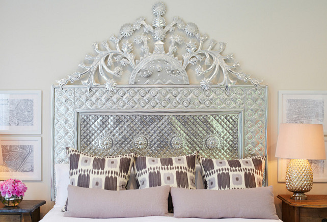 Bed Design Ideas. A custom made hand hammered silver head board sits proud above the bed in this master bedroom. #Bed #Bedroom