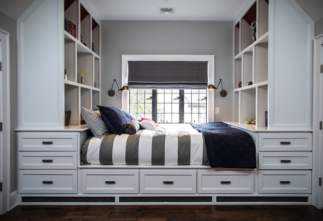 Bed Storage. Kids Bedroom with Bed Storage. Guest Bed Storage Ideas. Queen bed with storage and bookshelves. #BedStorage Z+ Interiors