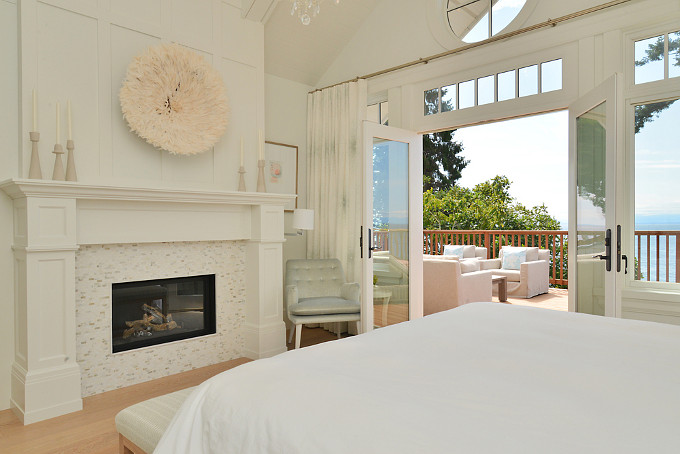 Bedroom Fireplace. The fireplace tile is calcutta matte white mini brick honed marble mosaic from Creekside Tile Company, Vancouver Canada. Sunshine Coast Home Design.