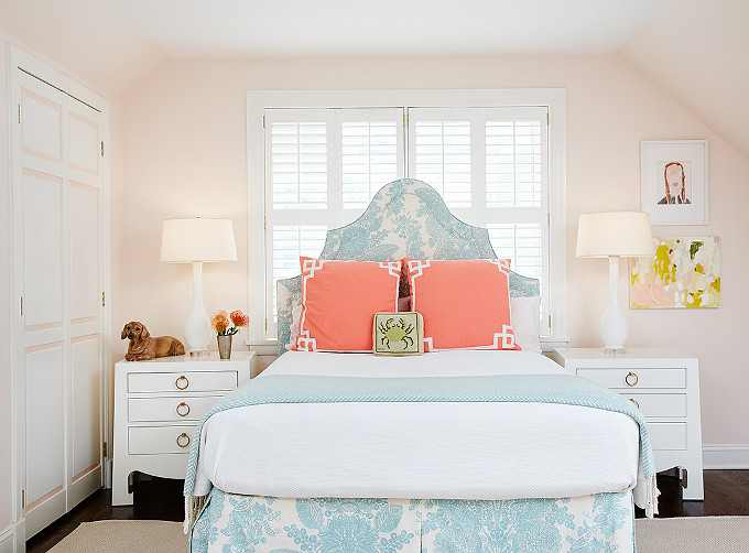 Bedroom with Pale Pink Paint Color and Coral and Turquoise decor. Amie Corley Interiors.