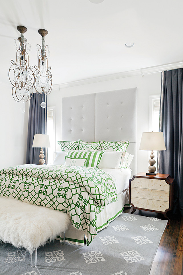 Bedroom. Transitional Bedroom Design Ideas. Transitional bedroom with white and green trellis bedding. #Bedroom #TransitionalBedroom #Trellis #Bedding Birmingham Home and Garden